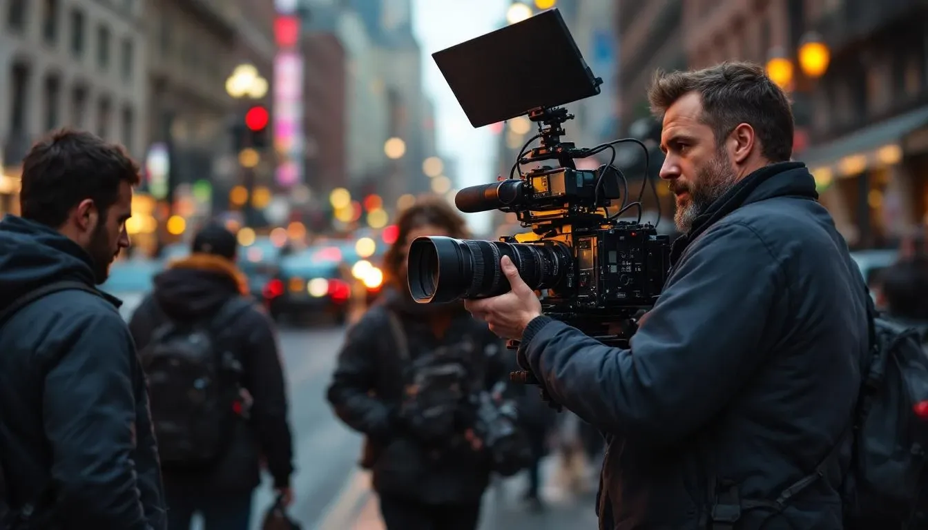 A camera operator shoulders a cinema camera on a busy city street at dusk while other crew members stand nearby