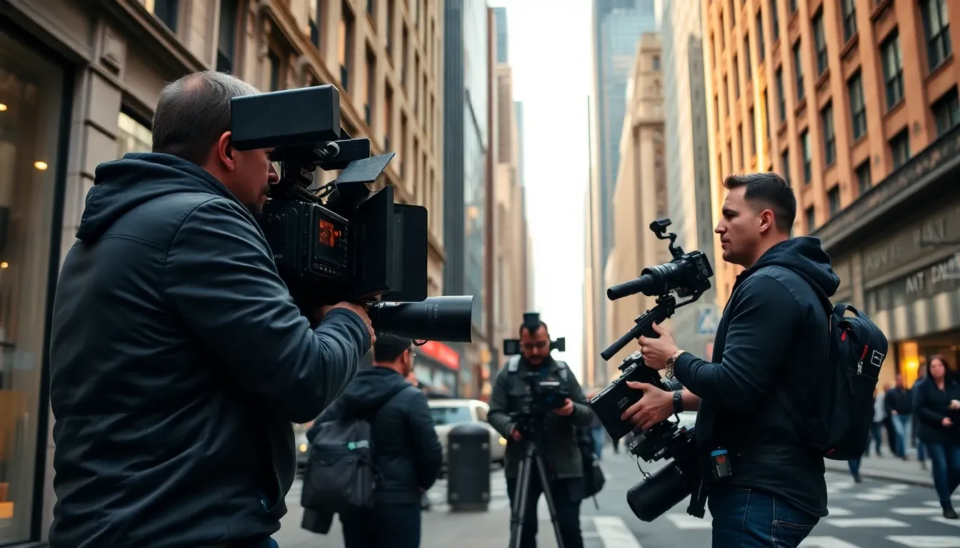 Camera operators filming on a Manhattan street